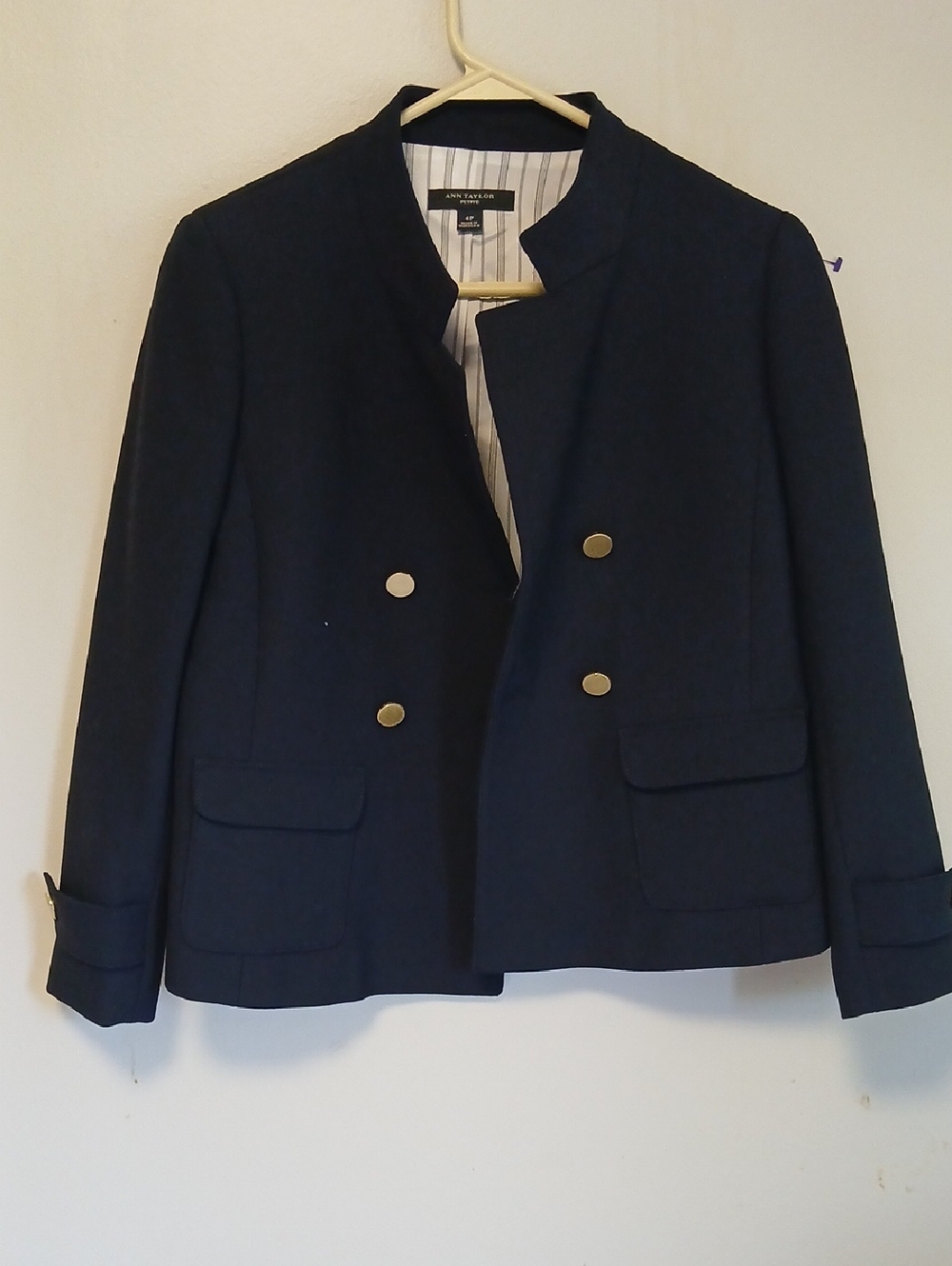 Ann Taylor Navy Double-Breasted Military Blazer with Gold Buttons